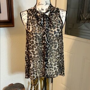 Leopard Print Sheer Sleeveless Blouse With Bow Tie on Front